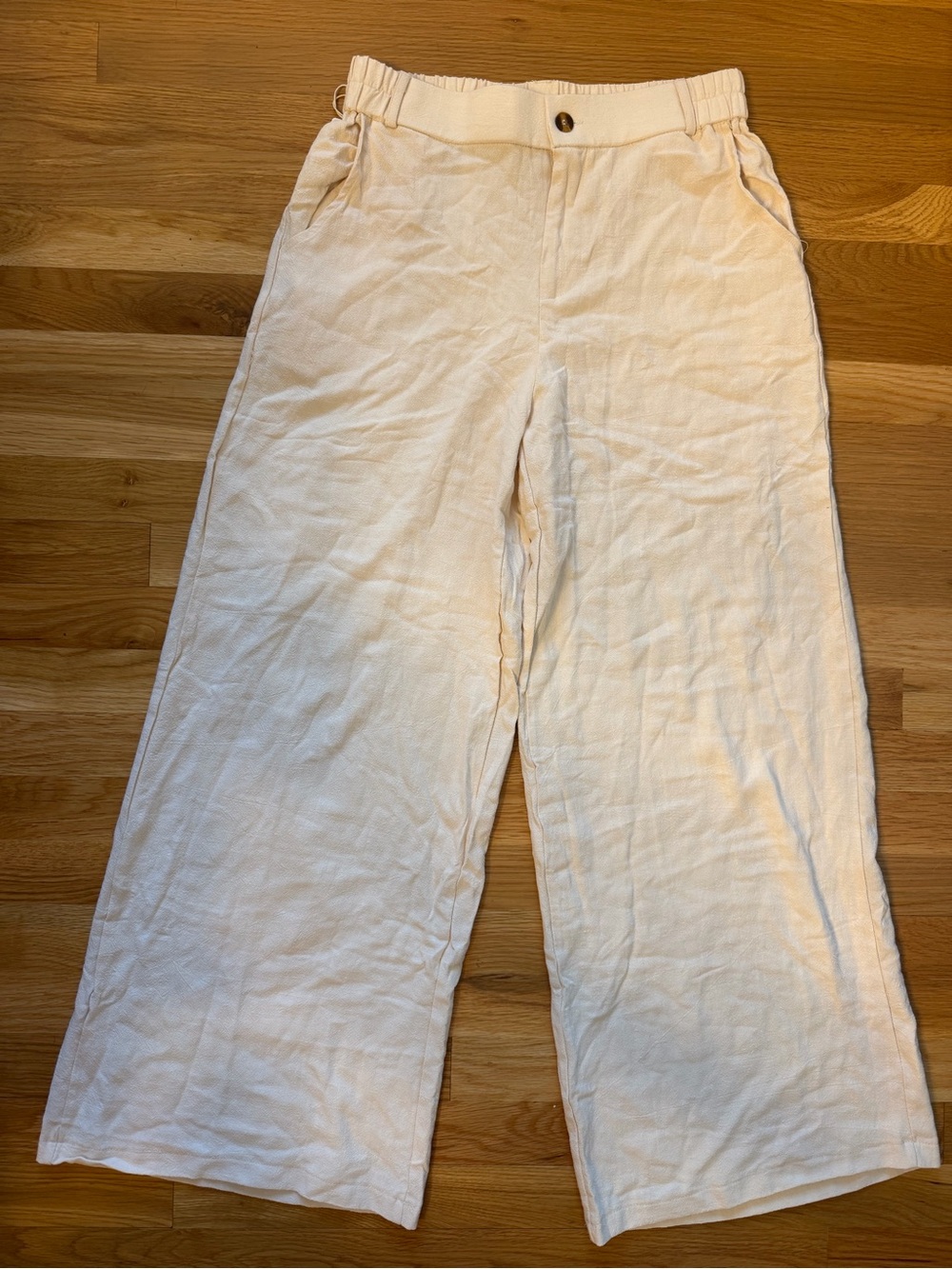 NWT Wide-Leg Cream Linen Women's Pants with Elastic Waist